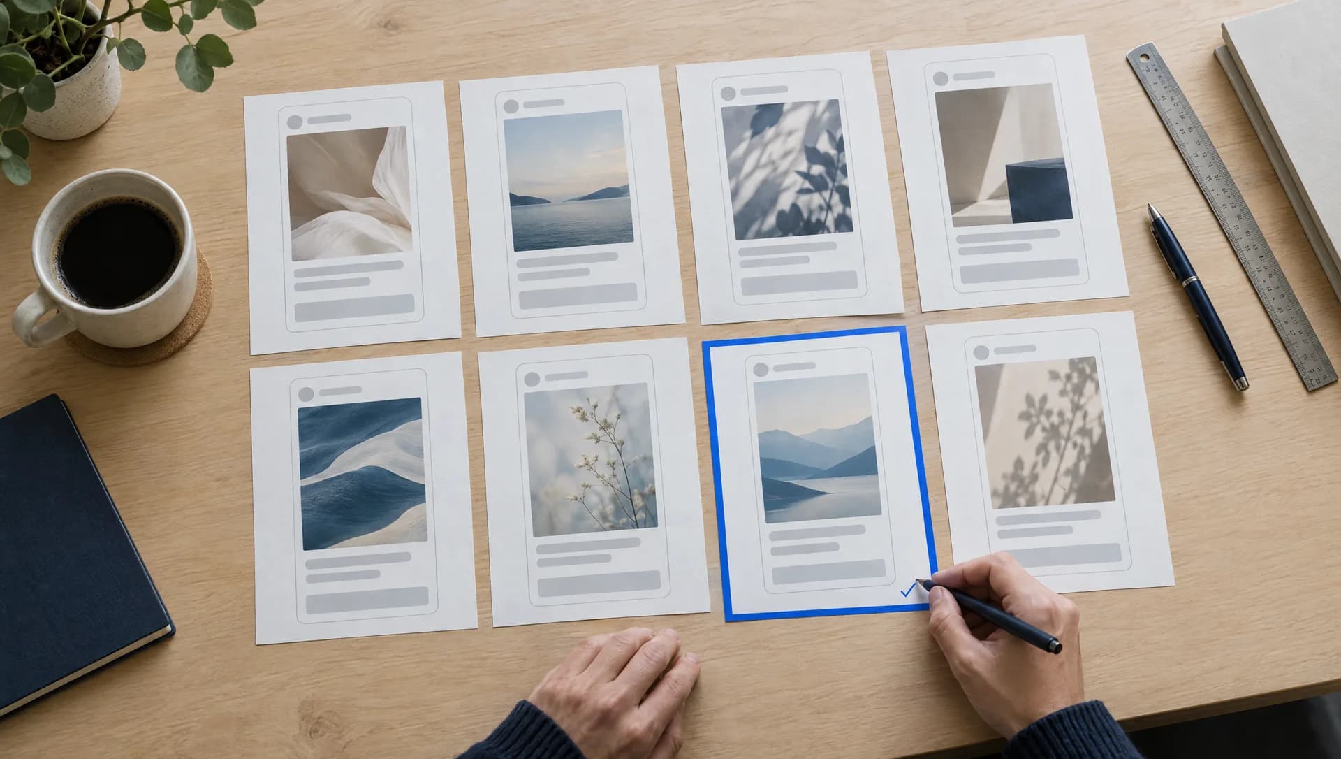 Printed ad layouts in two rows on a wooden table, seen from above. A hand draws a check mark beside the one with a blue border.