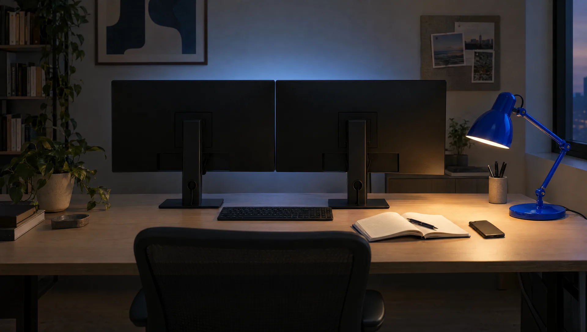 A desk at dusk with two monitors turned away from the camera, a keyboard, an open notebook and a pen, lit by a blue desk lamp.